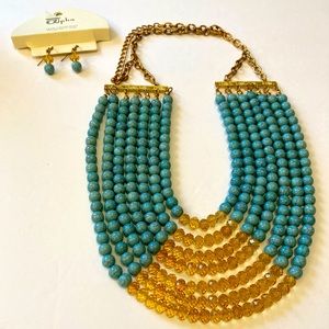 NECKLACE/EARRING SET W/TURQUOISE & GOLD COLORED BEADS